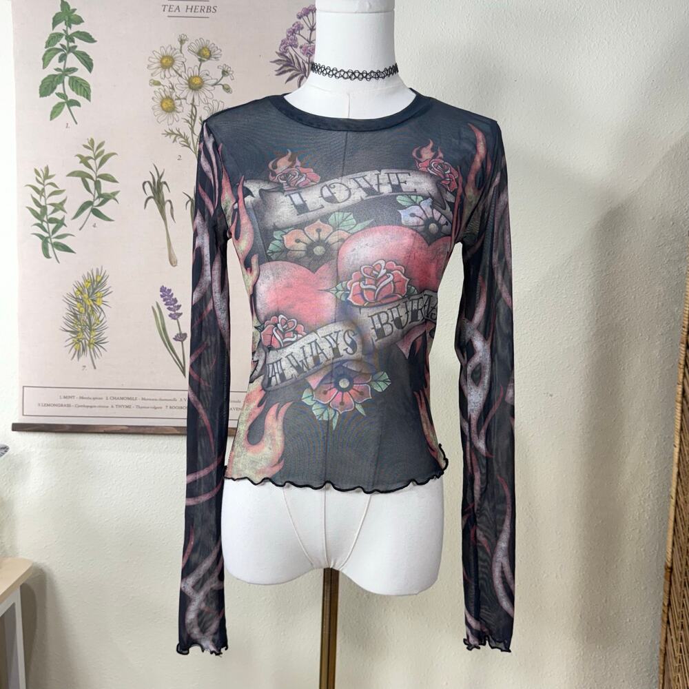 Vintage 90s Y2k Mesh Hearts Flame Floral Graphic Top Grunge Punk Rave Festival M